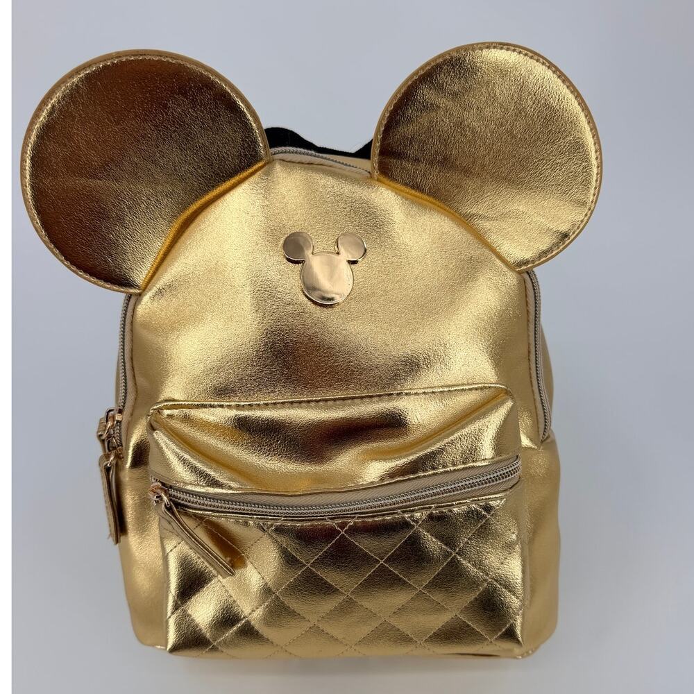 Disney Mickey Mouse Gold Metallic Mini Backpack Quilted Front Pocket 3D Ears